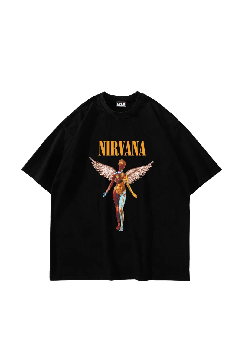 Nirvana Angel Baskılı Oversize Unisex Siyah Tshirt