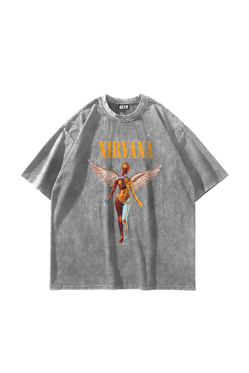 Nirvana Angel Baskılı Oversize Unisex Yıkamalı Beyaz Tshirt