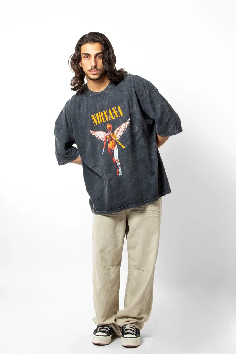 Nirvana Angel Baskılı Oversize Unisex Yıkamalı Füme Tshirt