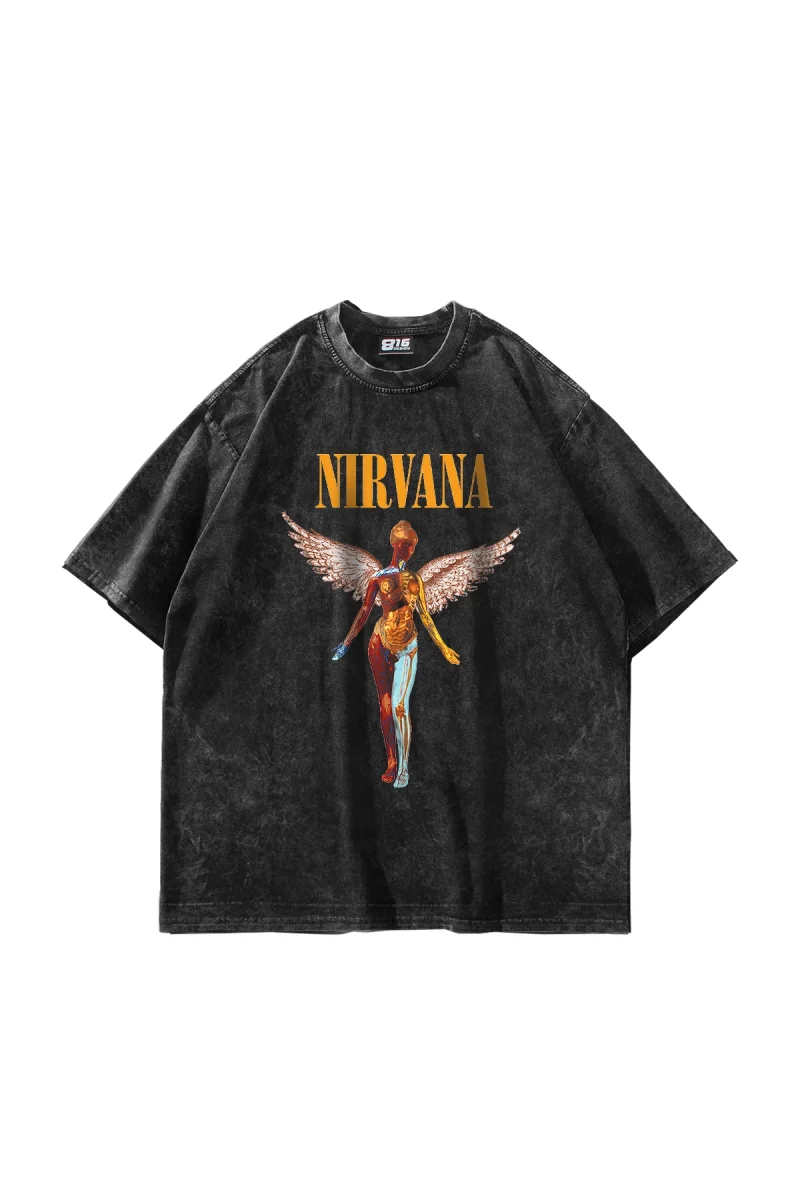 Nirvana Angel Baskılı Oversize Unisex Yıkamalı Füme Tshirt