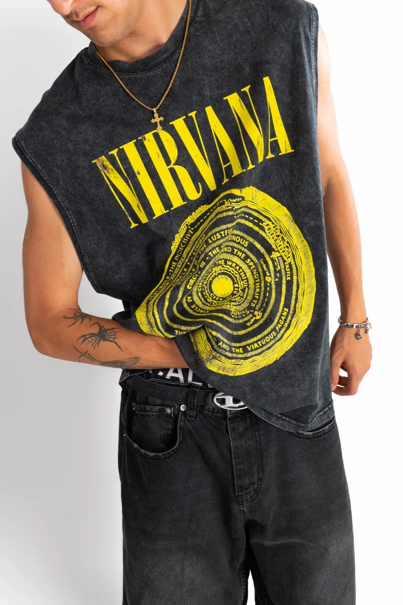 Nirvana Circle Baskılı Yıkamalı Siyah Sıfır Kol Tshirt