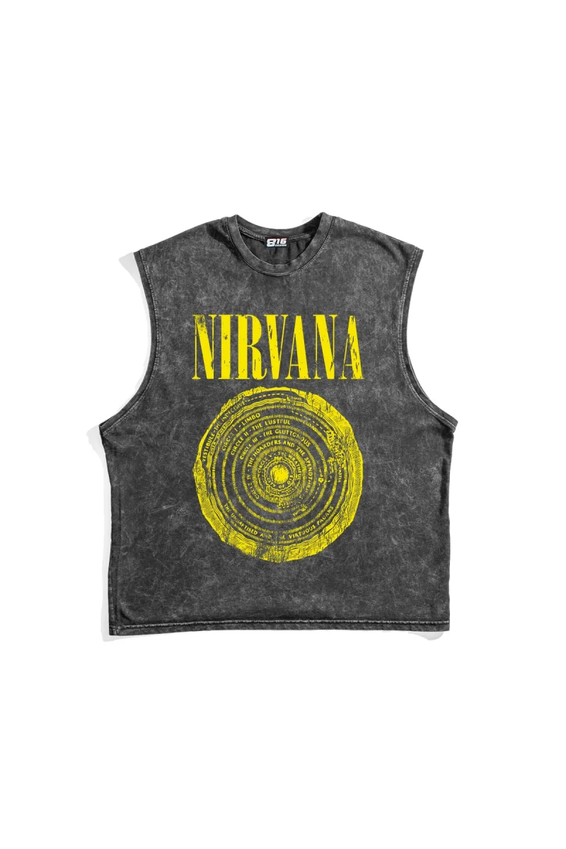 Nirvana Circle Baskılı Yıkamalı Siyah Sıfır Kol Tshirt