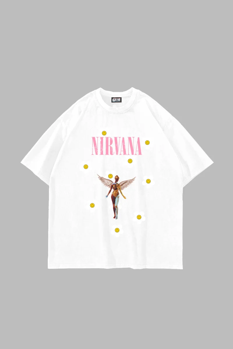 Nirvana Daisy Baskılı Oversize Unisex Beyaz Tshirt