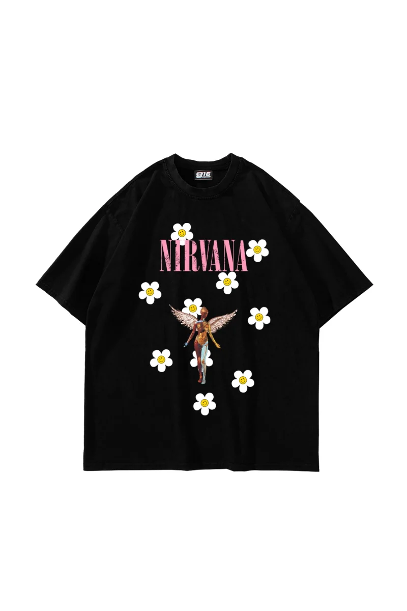 Nirvana Daisy Baskılı Oversize Unisex Siyah Tshirt
