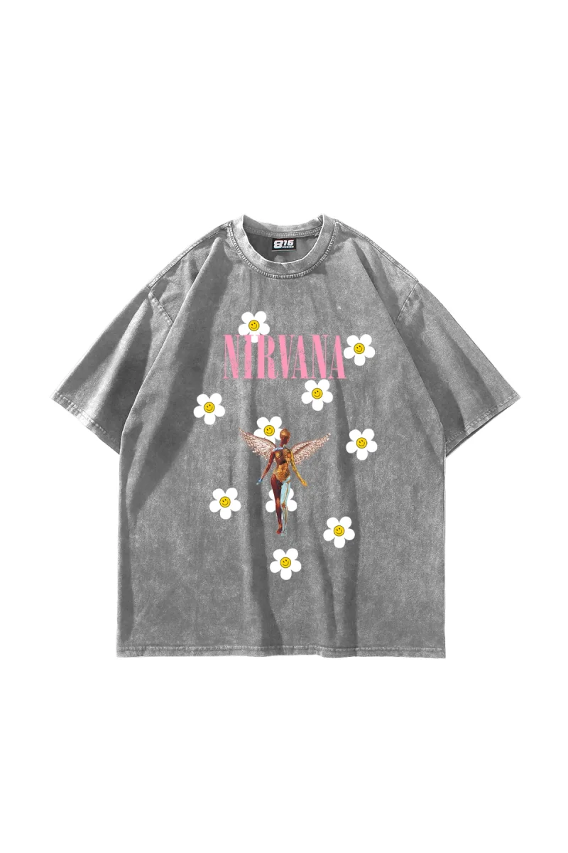 Nirvana Daisy Baskılı Oversize Unisex Yıkamalı Beyaz Tshirt