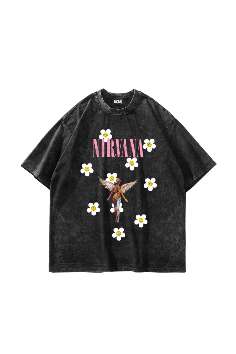 Nirvana Daisy Baskılı Oversize Unisex Yıkamalı Siyah Tshirt