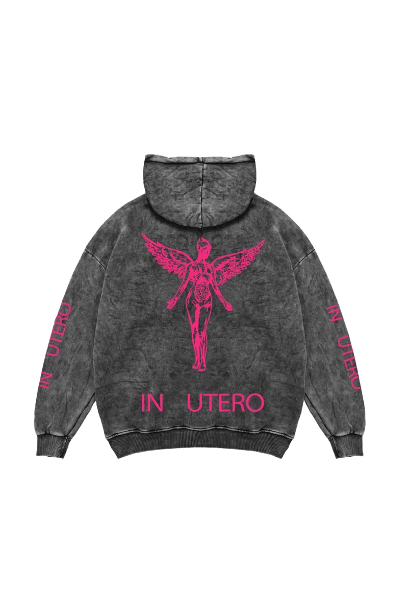 Nirvana In Utero Pembe Baskılı Oversize Unisex Yıkamalı Siyah Hoodie
