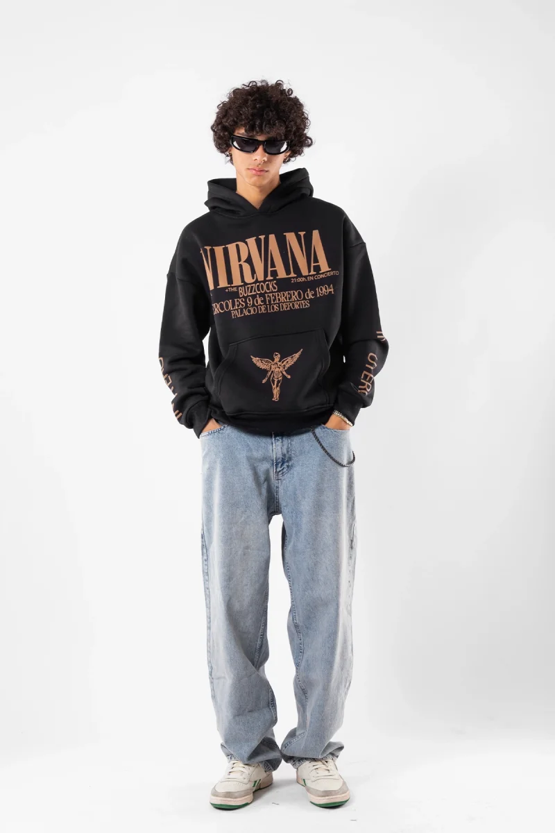 Nirvana Sırt Baskılı Unisex Oversize Siyah Hoodie