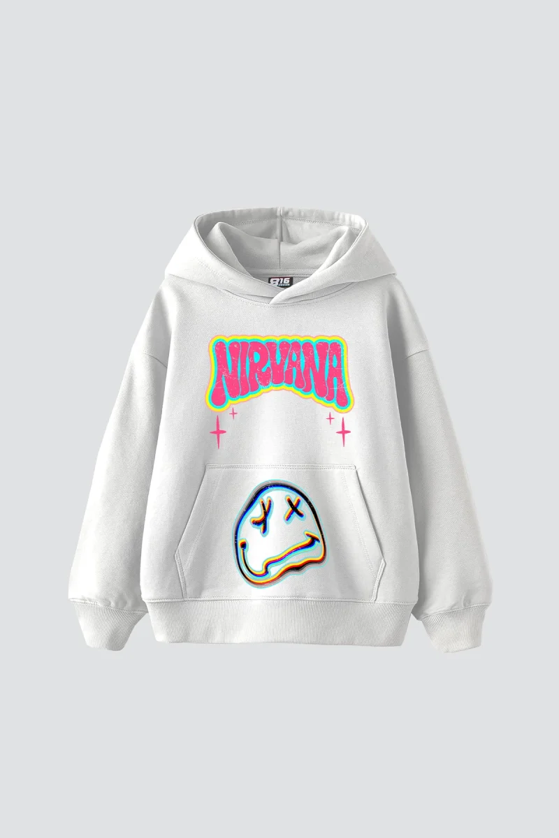 Nirvana Smile Baskılı Oversize Unisex Beyaz Hoodie