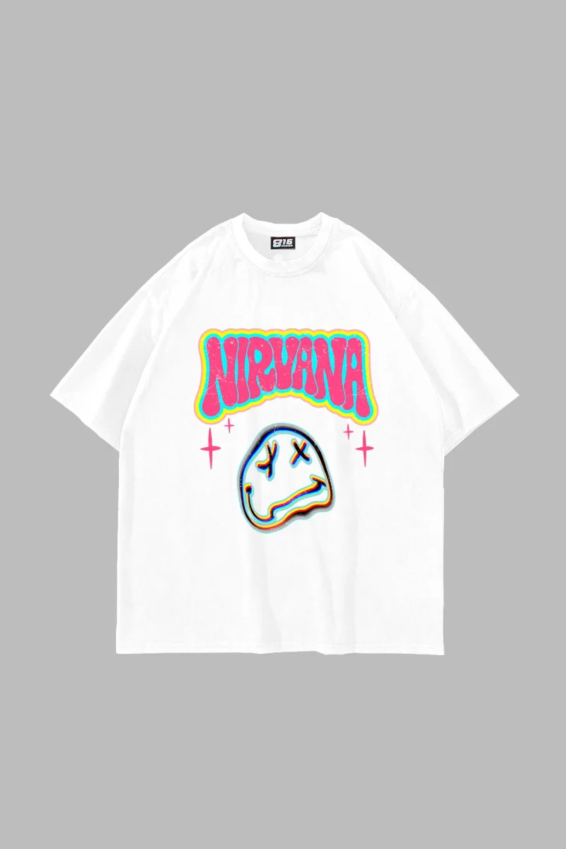 Nirvana Smile Baskılı Oversize Unisex Beyaz Tshirt