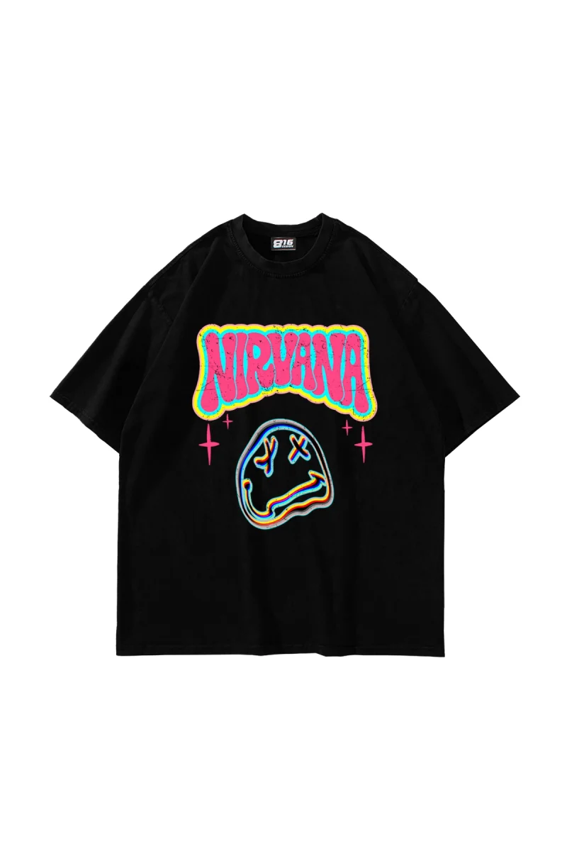 Nirvana Smile Baskılı Oversize Unisex Siyah Tshirt