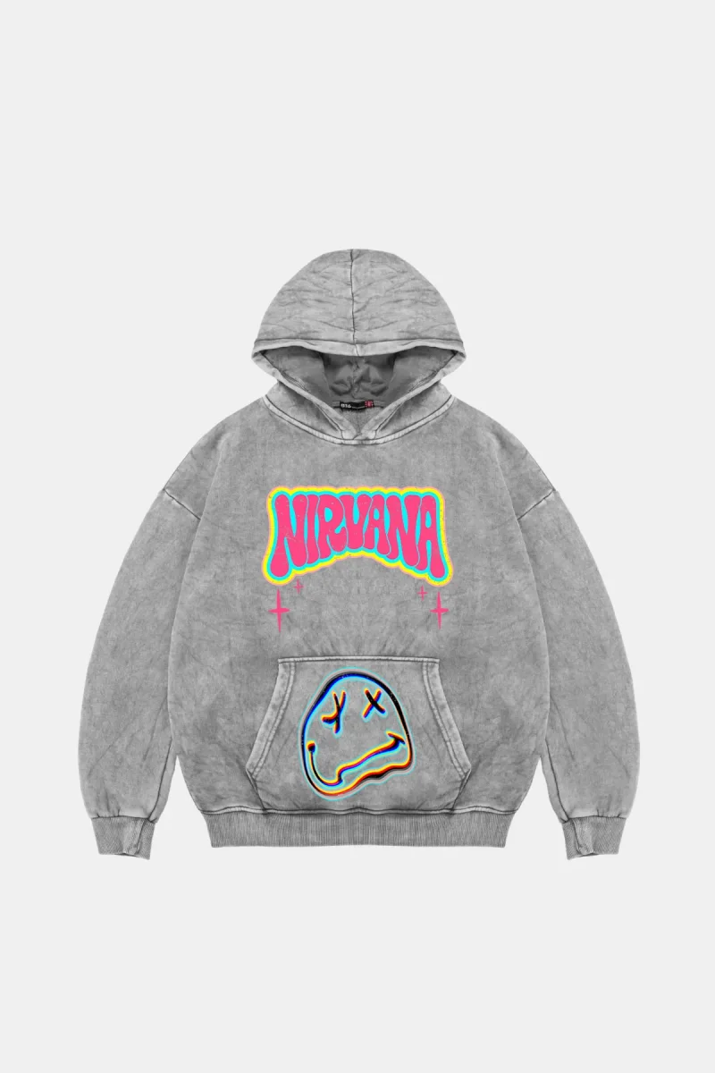 Nirvana Smile Baskılı Oversize Unisex Yıkamalı Beyaz Hoodie