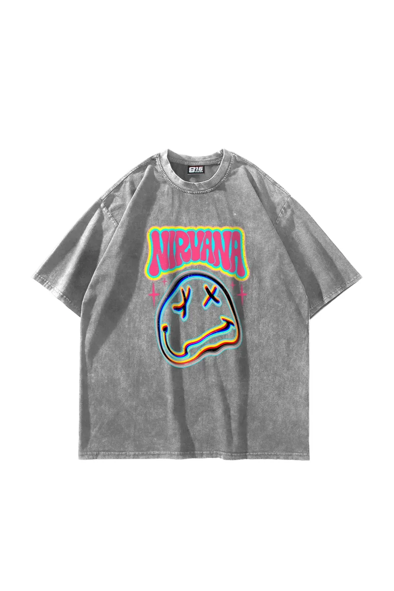 Nirvana Smile Baskılı Oversize Unisex Yıkamalı Beyaz Tshirt