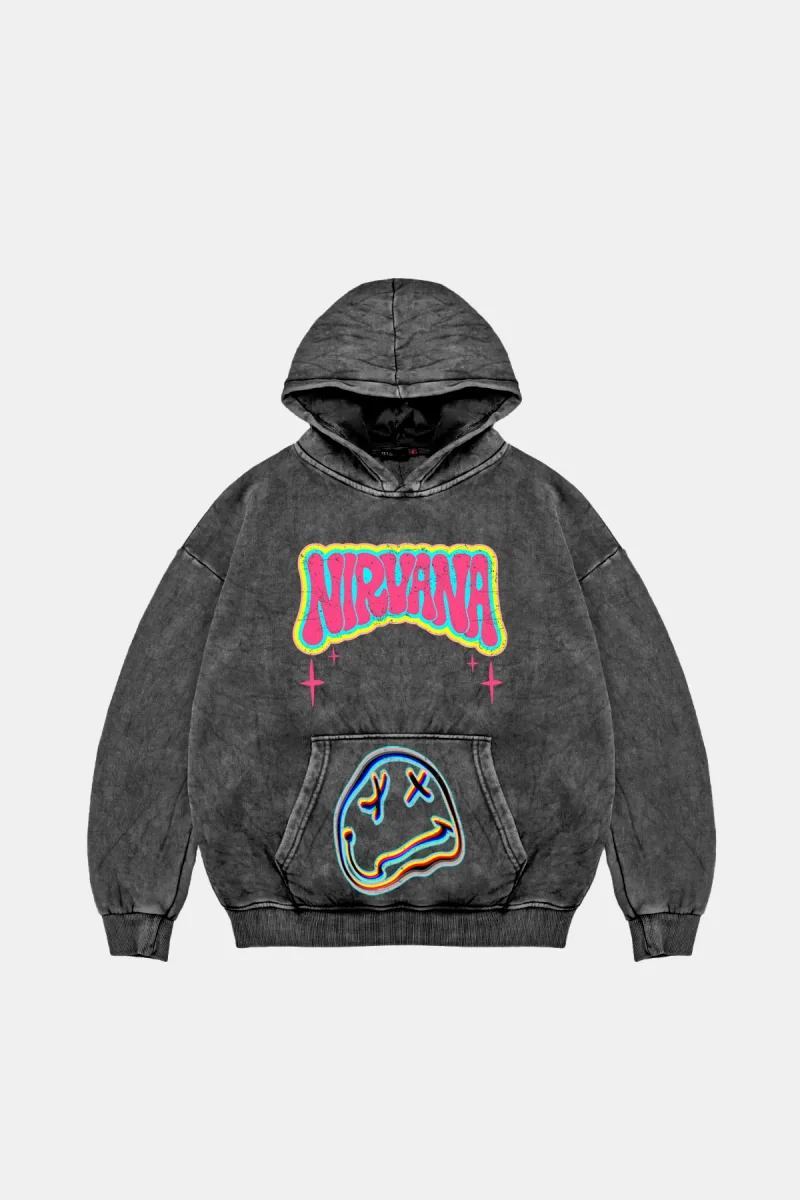 Nirvana Smile Baskılı Oversize Unisex Yıkamalı Siyah Hoodie