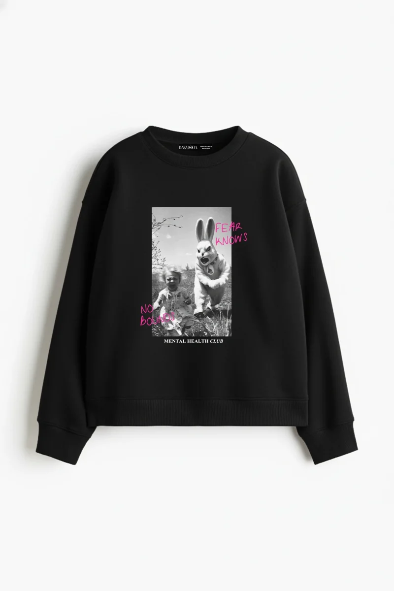 No Bounds Baskılı Kapüşonsuz Relaxed Fit Kadın Siyah Sweatshirt