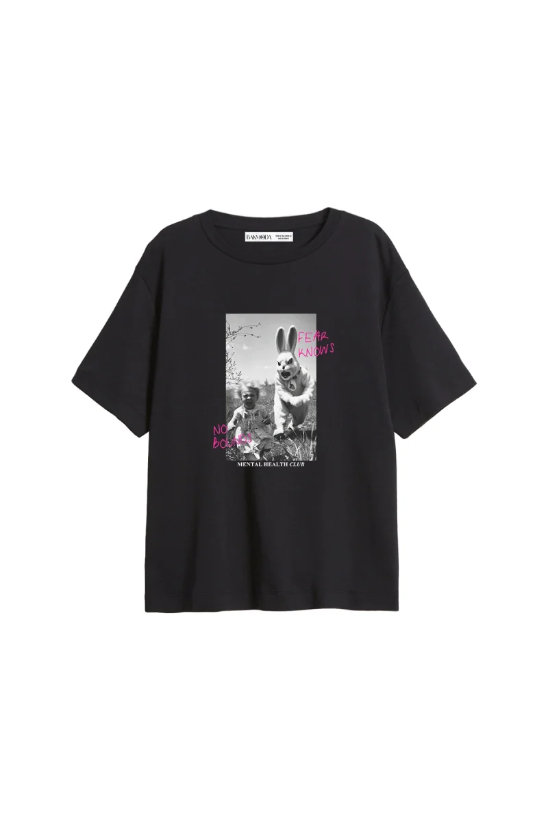 No Bounds Baskılı Relaxed Fit Siyah Kadın Tshirt
