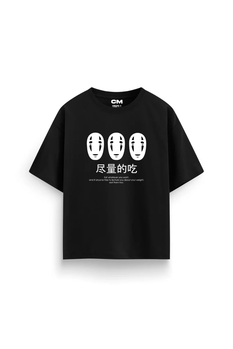No Face Kaonashi Baskılı Rahat Kalıp 30/1 Unisex Siyah Tshirt