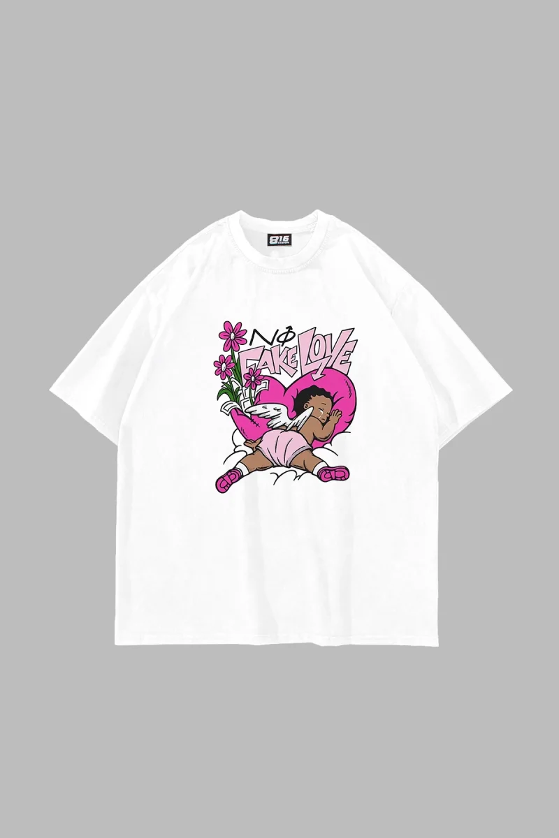 No Fake Love Baskılı Oversize Unisex Beyaz Tshirt