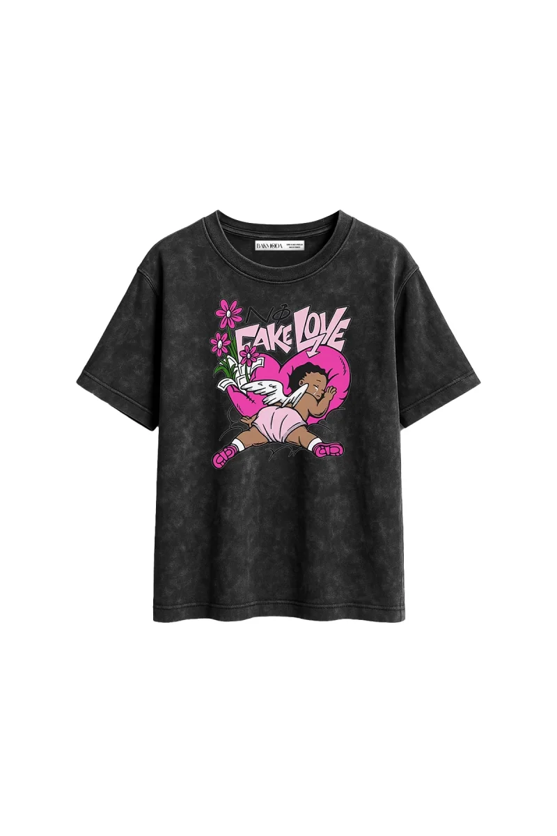 No Fake Love Baskılı Relaxed Fit Yıkamalı Siyah Kadın Tshirt