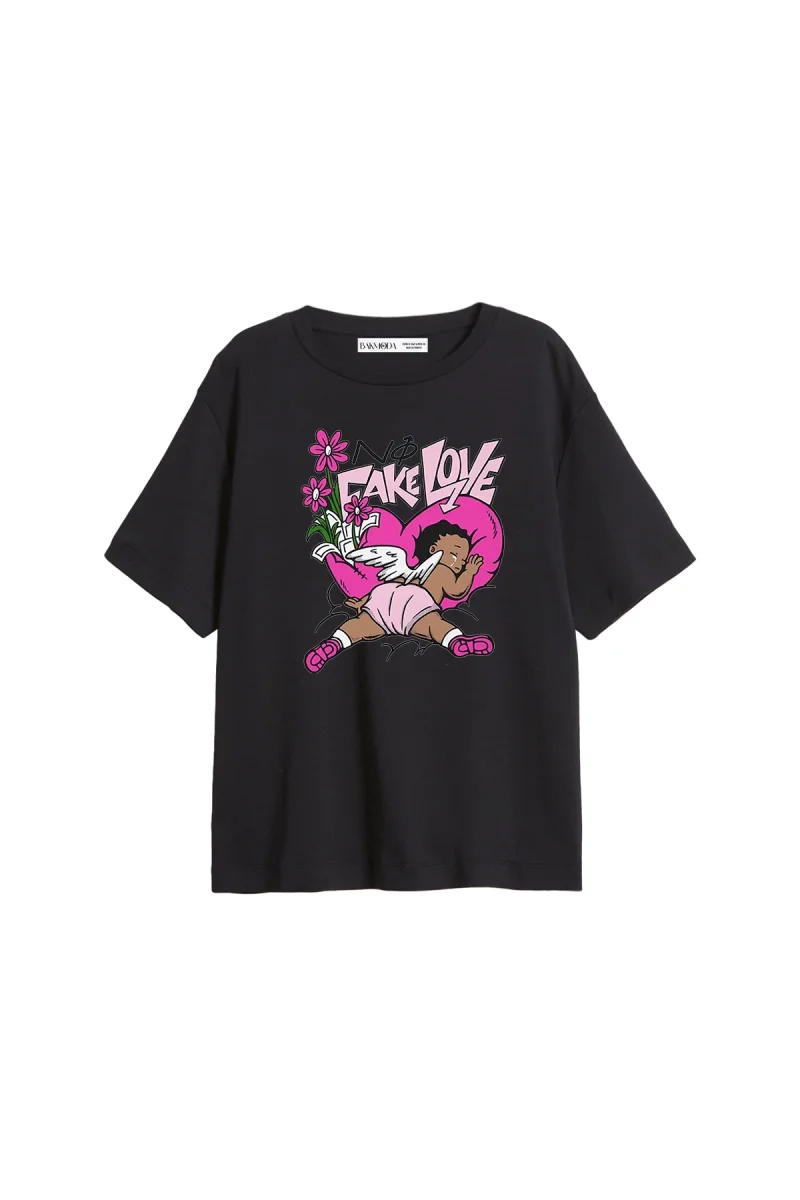 No Fake No Love Baskılı Relaxed Fit Siyah Kadın Tshirt