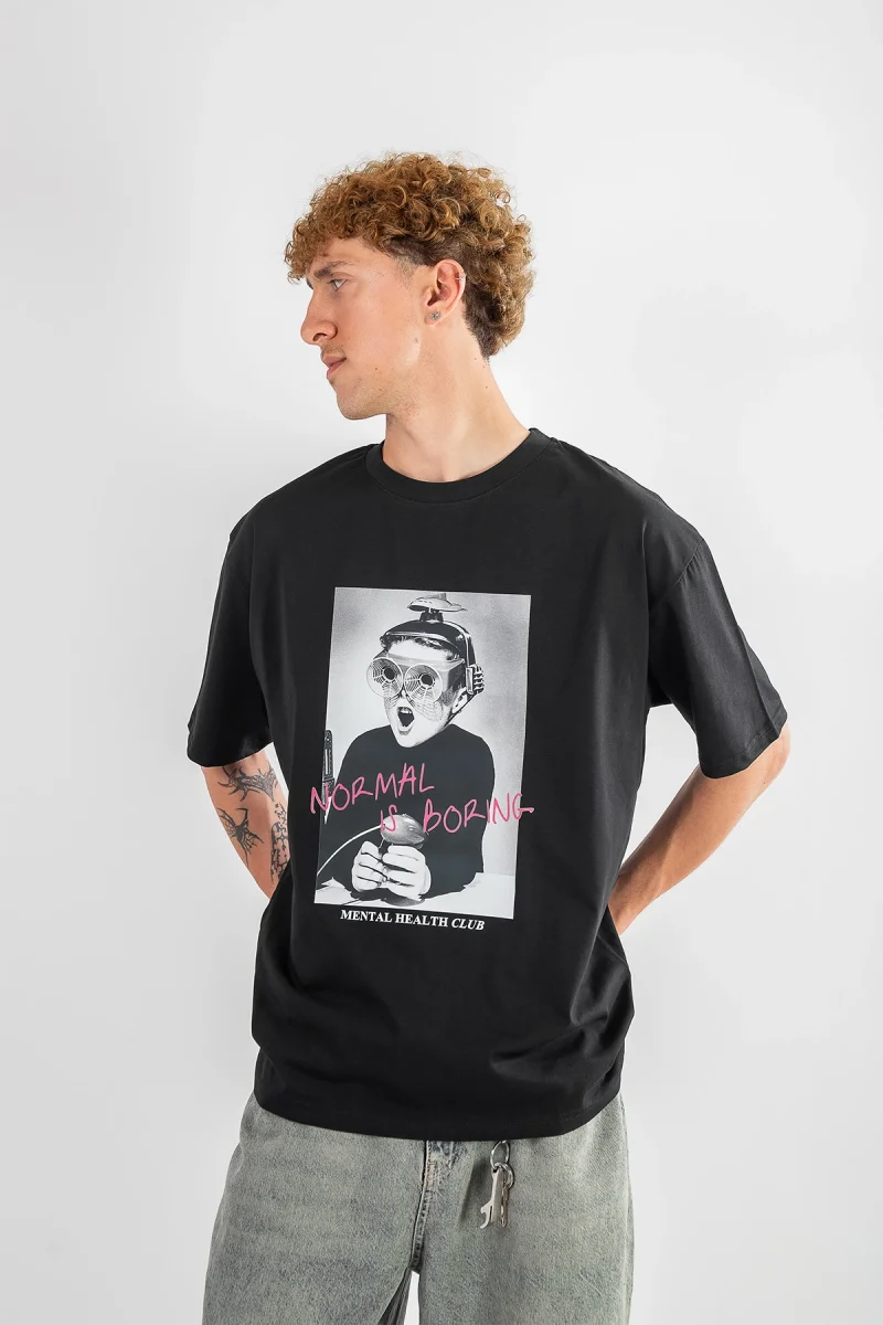 Normal İs Boring Baskılı Oversize Unisex Siyah Tshirt
