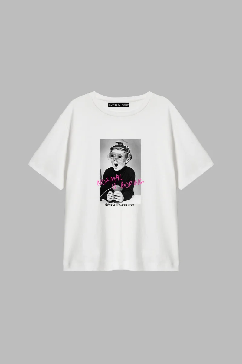 Normal Is Boring Baskılı Relaxed Fit Beyaz Kadın Tshirt