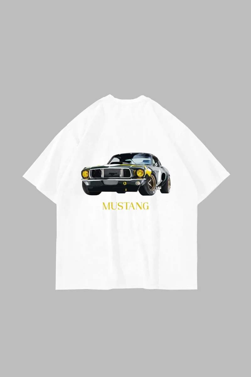 Old Mstng Baskılı Oversize Unisex Beyaz Tshirt