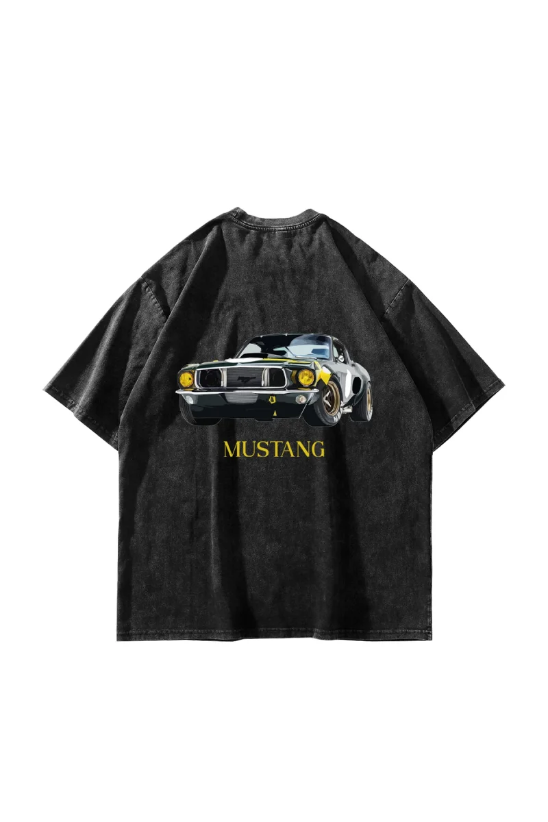 Old Mstng Baskılı Oversize Unisex Yıkamalı Siyah Tshirt