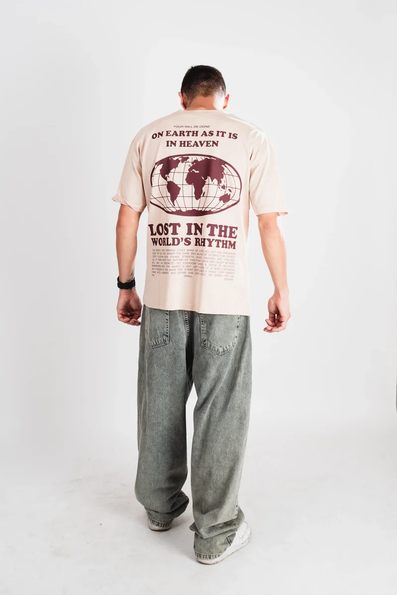 On Earth Graphic Sırt Baskılı Bej Oversize Unisex Tshirt