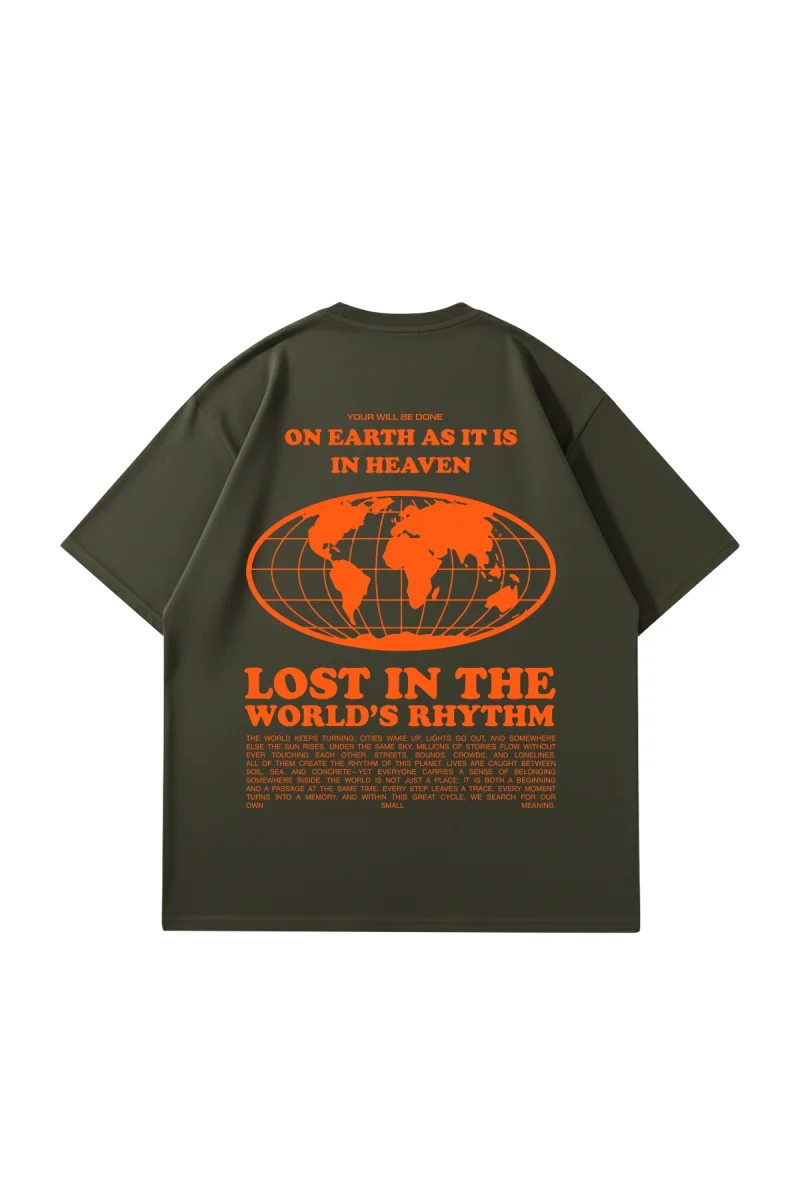 On Earth Graphic Sırt Baskılı Haki Oversize Unisex Tshirt