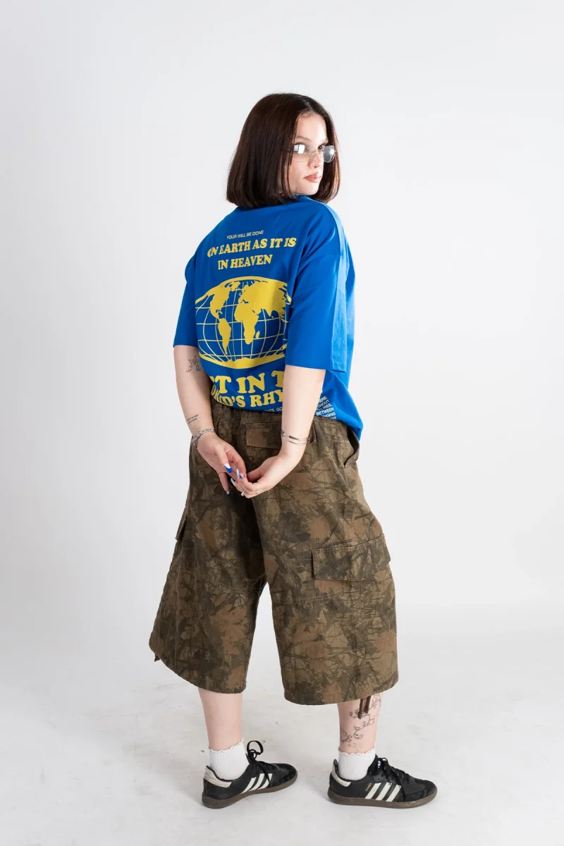 On Earth Graphic Sırt Baskılı Mavi Oversize Unisex Tshirt