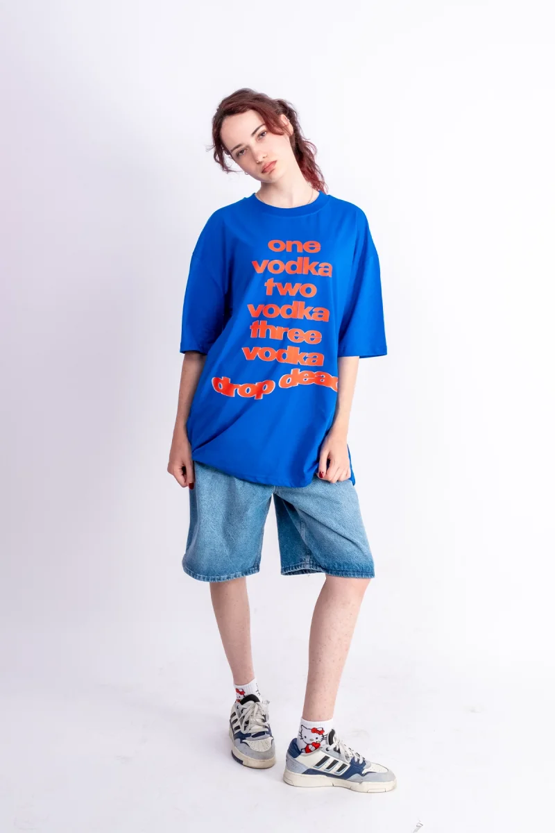 One Vodka Baskılı Oversize Unisex Mavi Tshirt