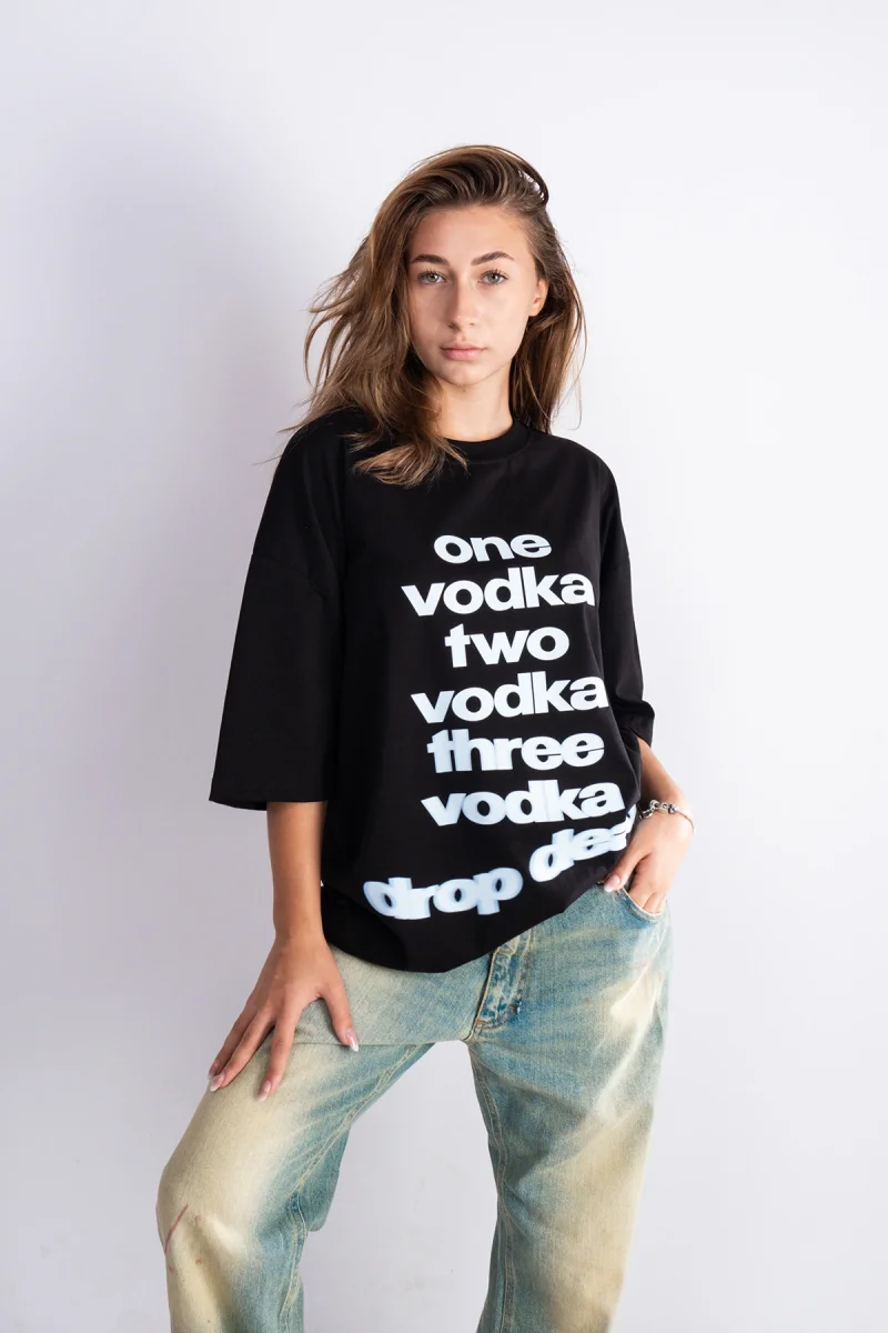 One Vodka Baskılı Oversize Unisex Siyah Tshirt