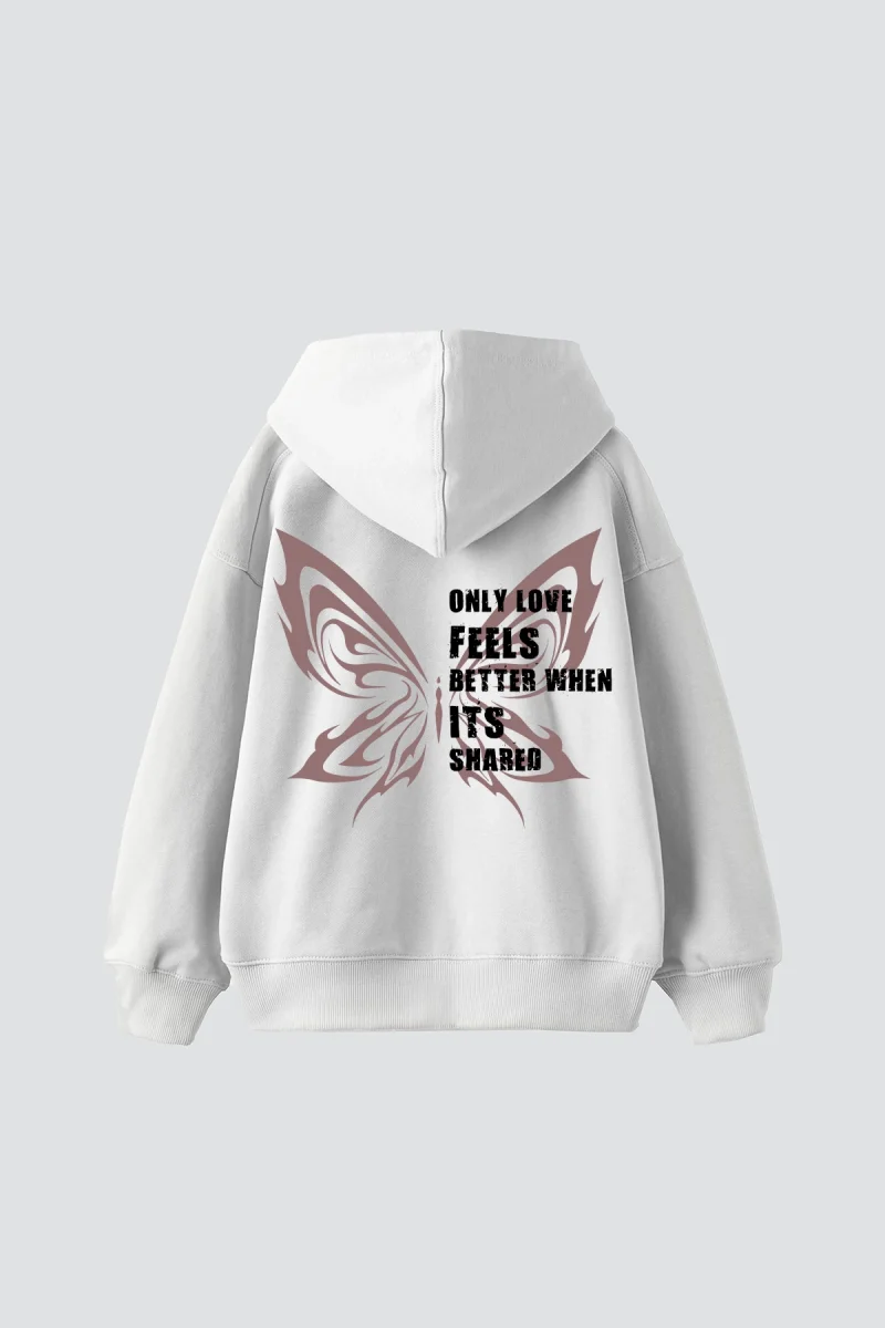 Only Love Feels Baskılı Oversize Unisex Beyaz Hoodie