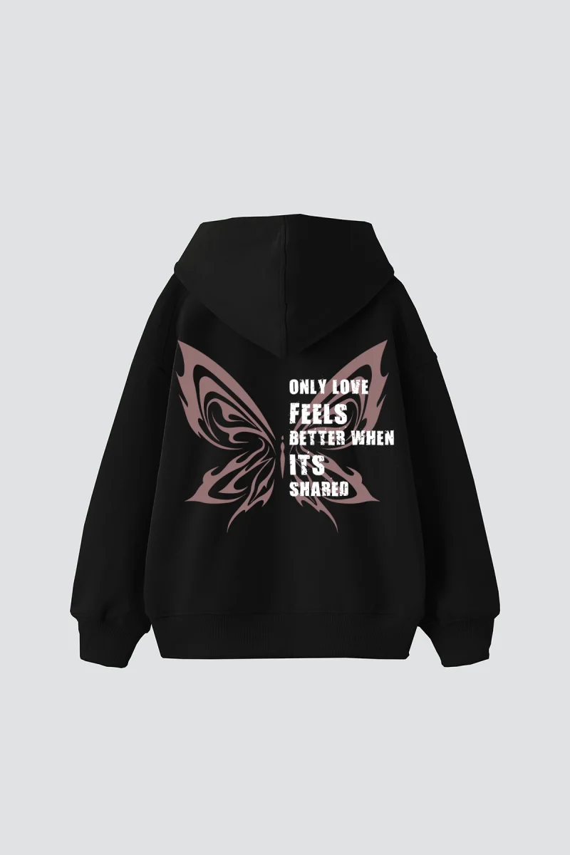 Only Love Feels Baskılı Oversize Unisex Siyah Hoodie