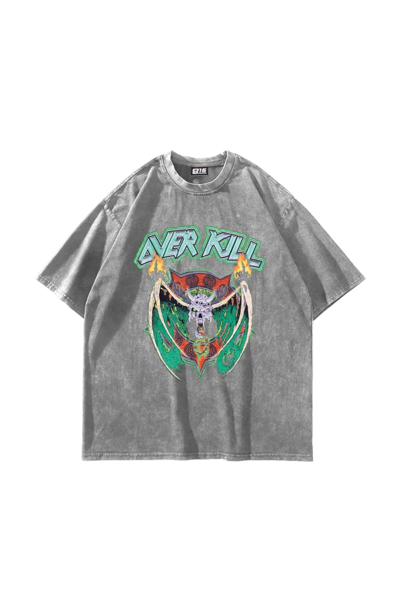 Over Kill Baskılı Oversize Unisex Yıkamalı Beyaz Tshirt