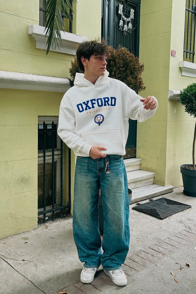 Oxford University Baskılı Oversize Unisex Beyaz Hoodie