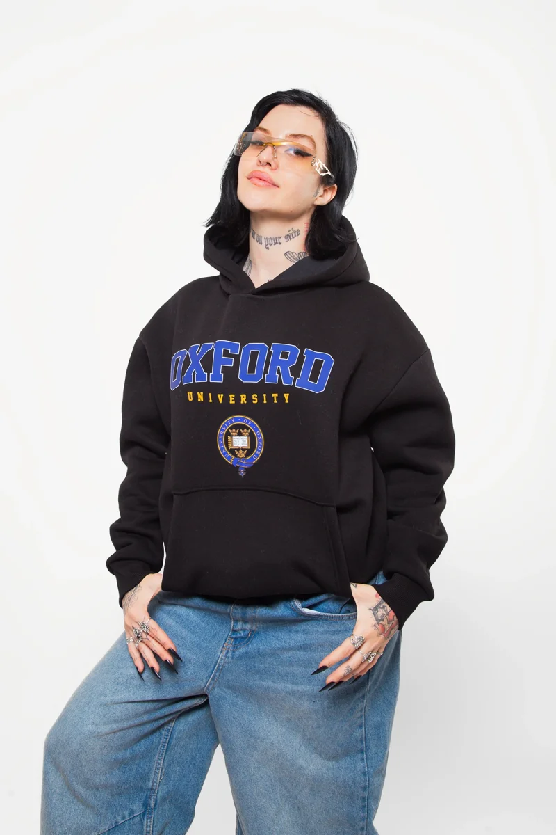 Oxford University Baskılı Oversize Unisex Siyah Hoodie