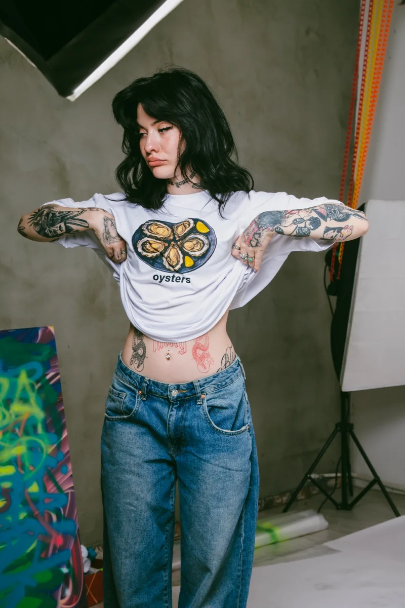 Oysters Baskılı Oversize Unisex Beyaz Tshirt