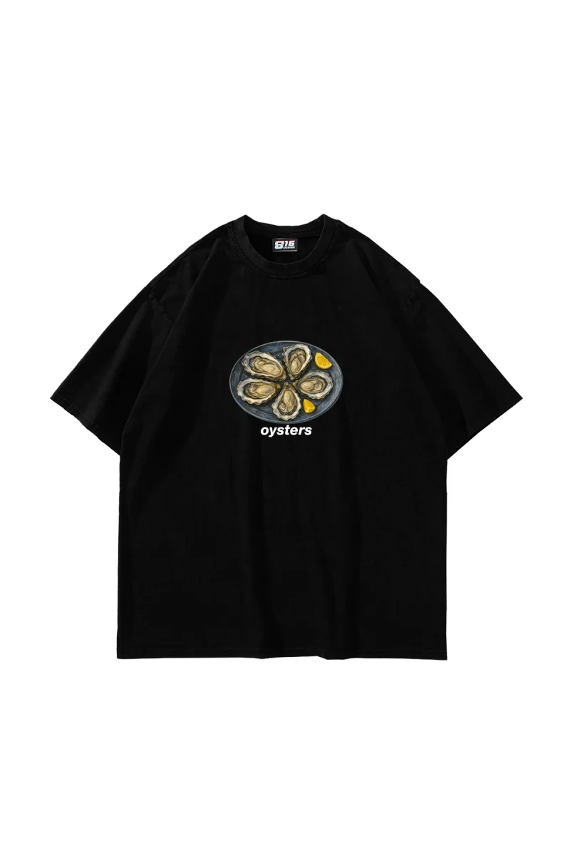 Oysters Baskılı Oversize Unisex Siyah Tshirt