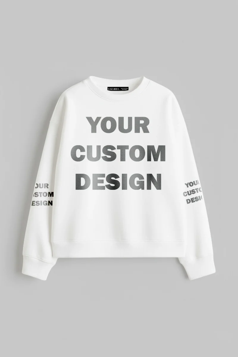 Özel Tasarım Kapüşonsuz Relaxed Fit Kadın Beyaz Basic Sweatshirt