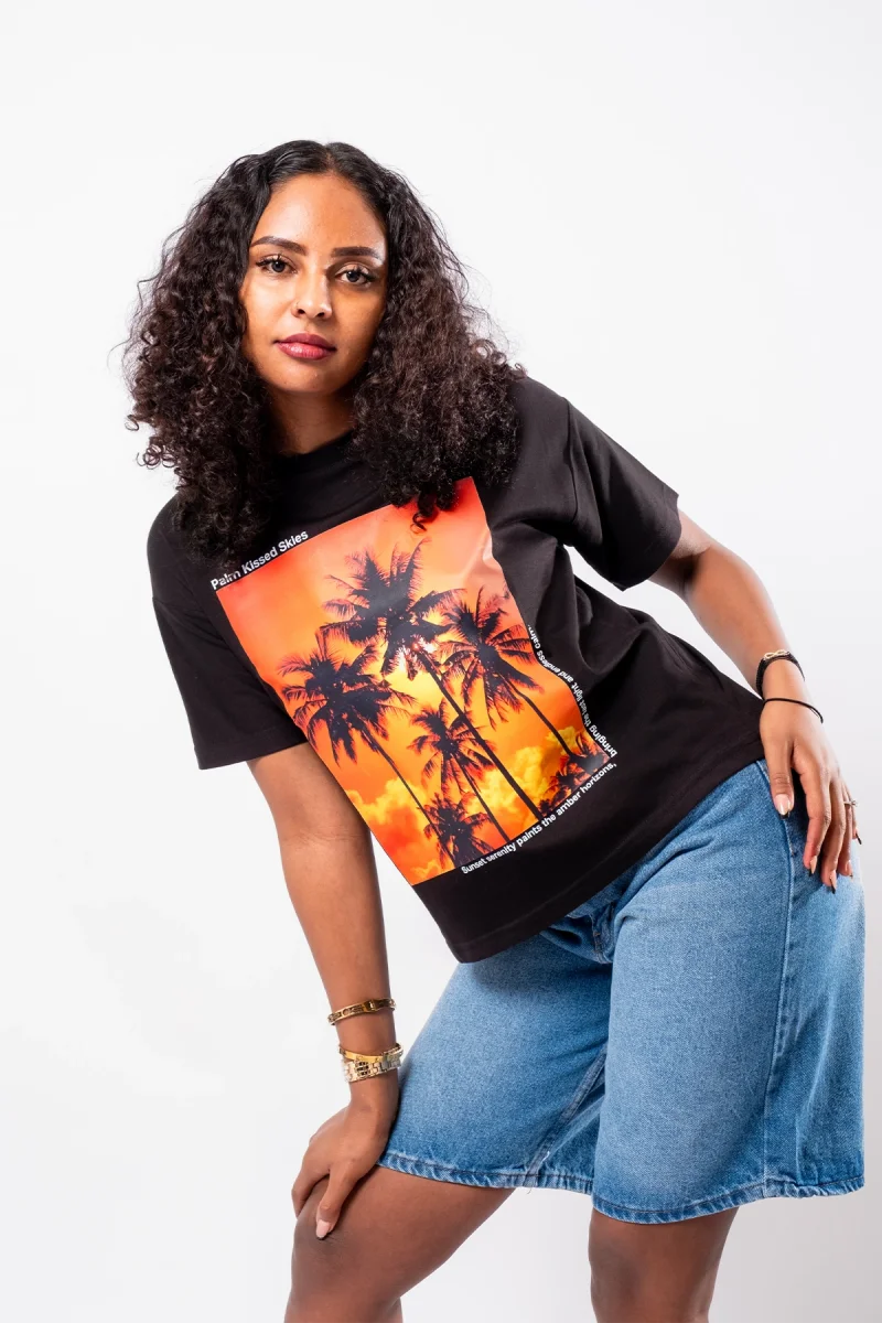 Palm Kissed Baskılı Relaxed Fit Siyah Kadın Tshirt
