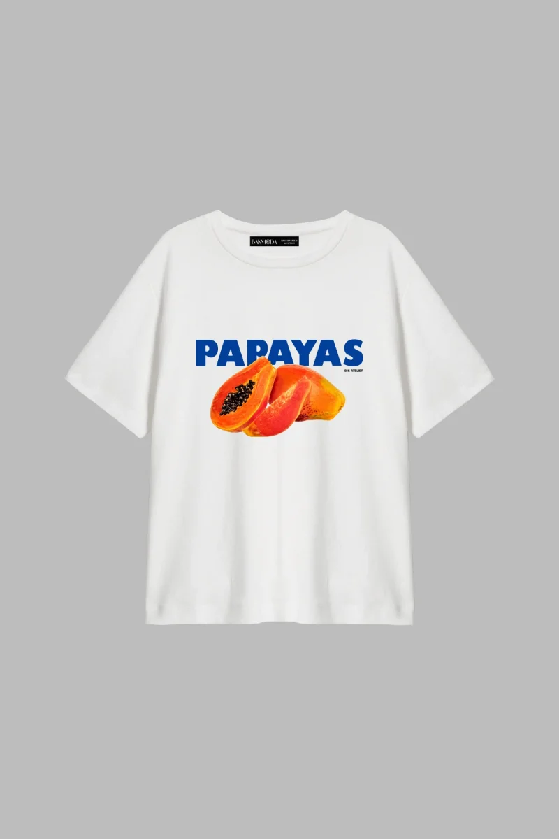 Papayas Baskılı Beyaz Relaxed Fit Kadın Tişört