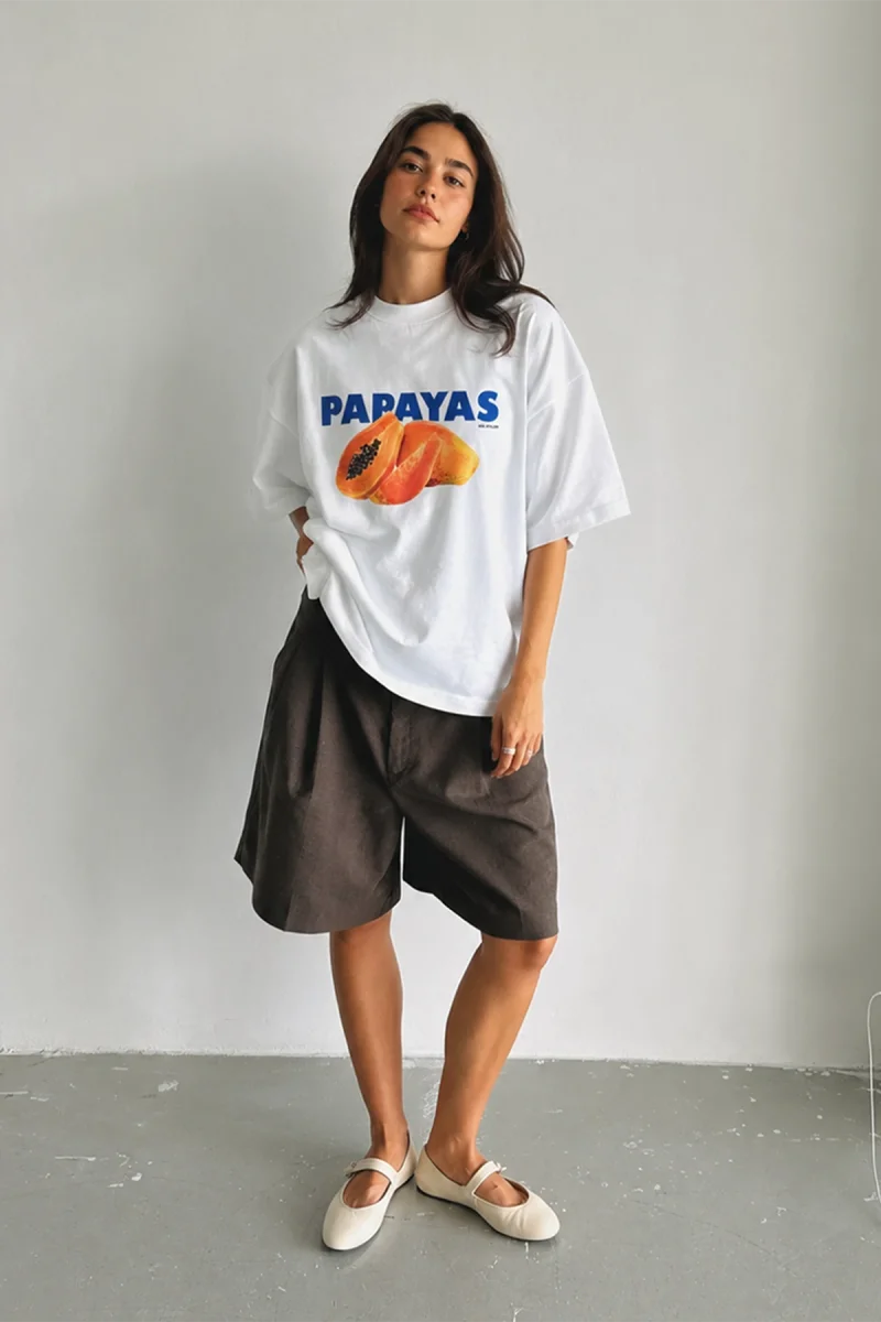 Papayas Baskılı Beyaz Relaxed Fit Kadın Tişört
