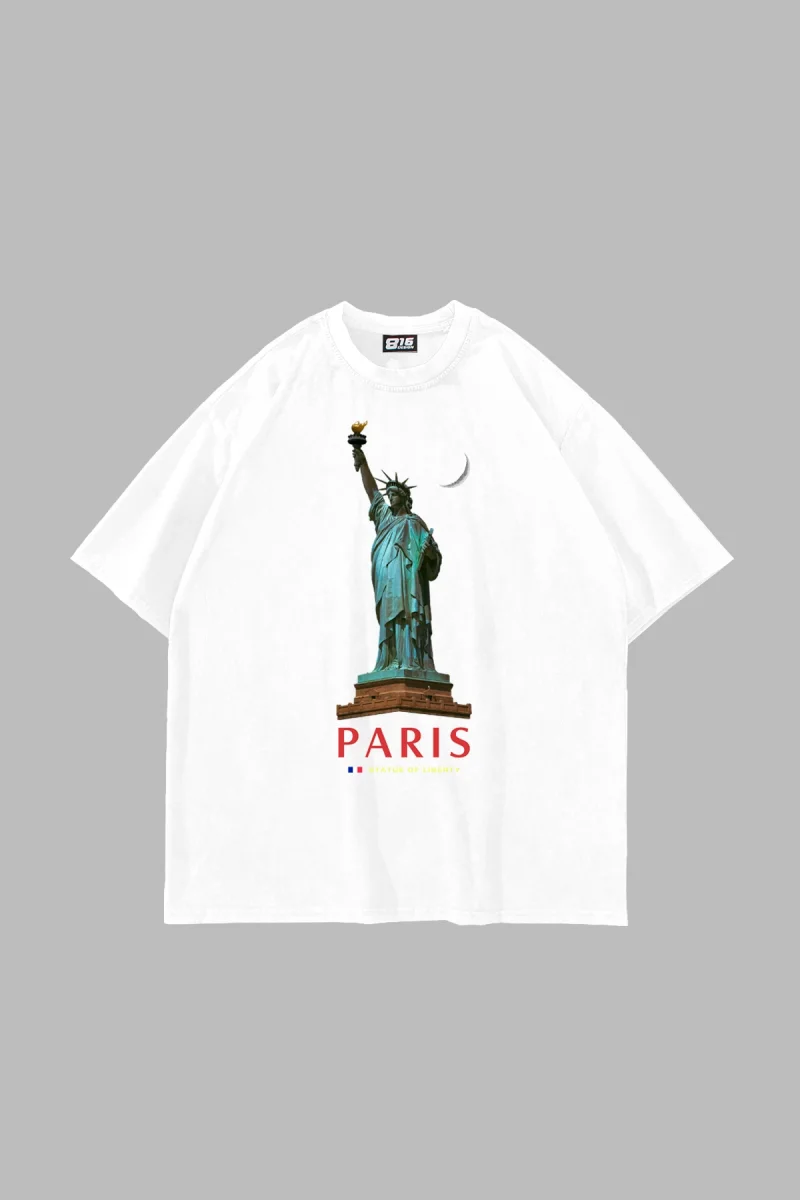 Parıs State Of Lıberty Baskılı Oversize Unisex Beyaz Tshirt