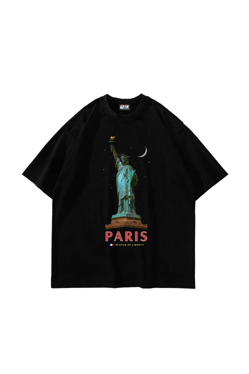 Parıs State Of Lıberty Baskılı Oversize Unisex Siyah Tshirt