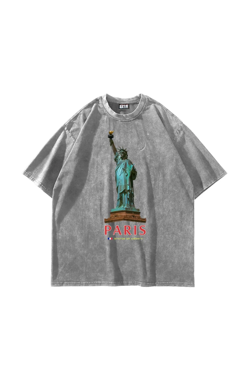 Parıs State Of Lıberty Baskılı Oversize Unisex Yıkamalı Beyaz Tshirt