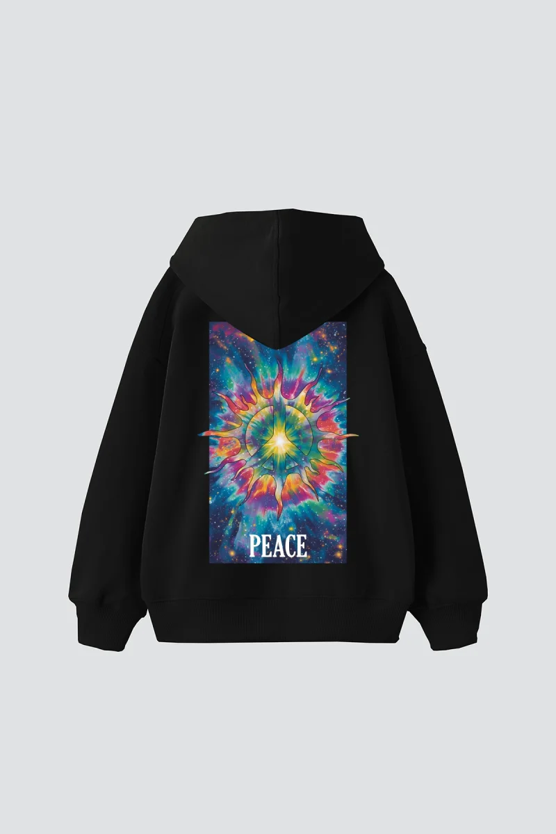 Peace Baskılı Oversize Unisex Siyah Hoodie