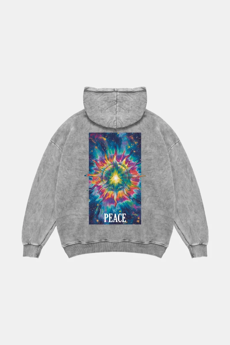 Peace Baskılı Oversize Unisex Yıkamalı Beyaz Hoodie