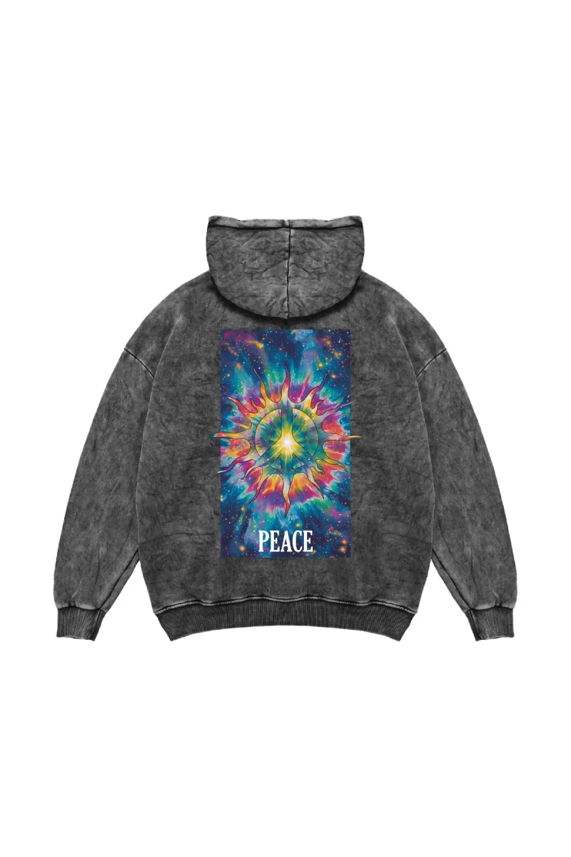 Peace Baskılı Oversize Unisex Yıkamalı Siyah Hoodie
